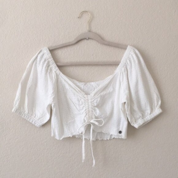 ROXY Puff Sleeve Crop Top Smocked Scoop V - Picture 1 of 16